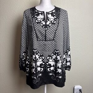 Chico's Women's Top Tunic Size 0 (S) Black White Long‎ Sleeves Pullover